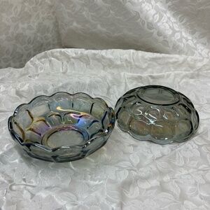 Vintage Iridescent Thumbprint Carnival Glass Candy Bowls - Smokey Grey Rainbow
